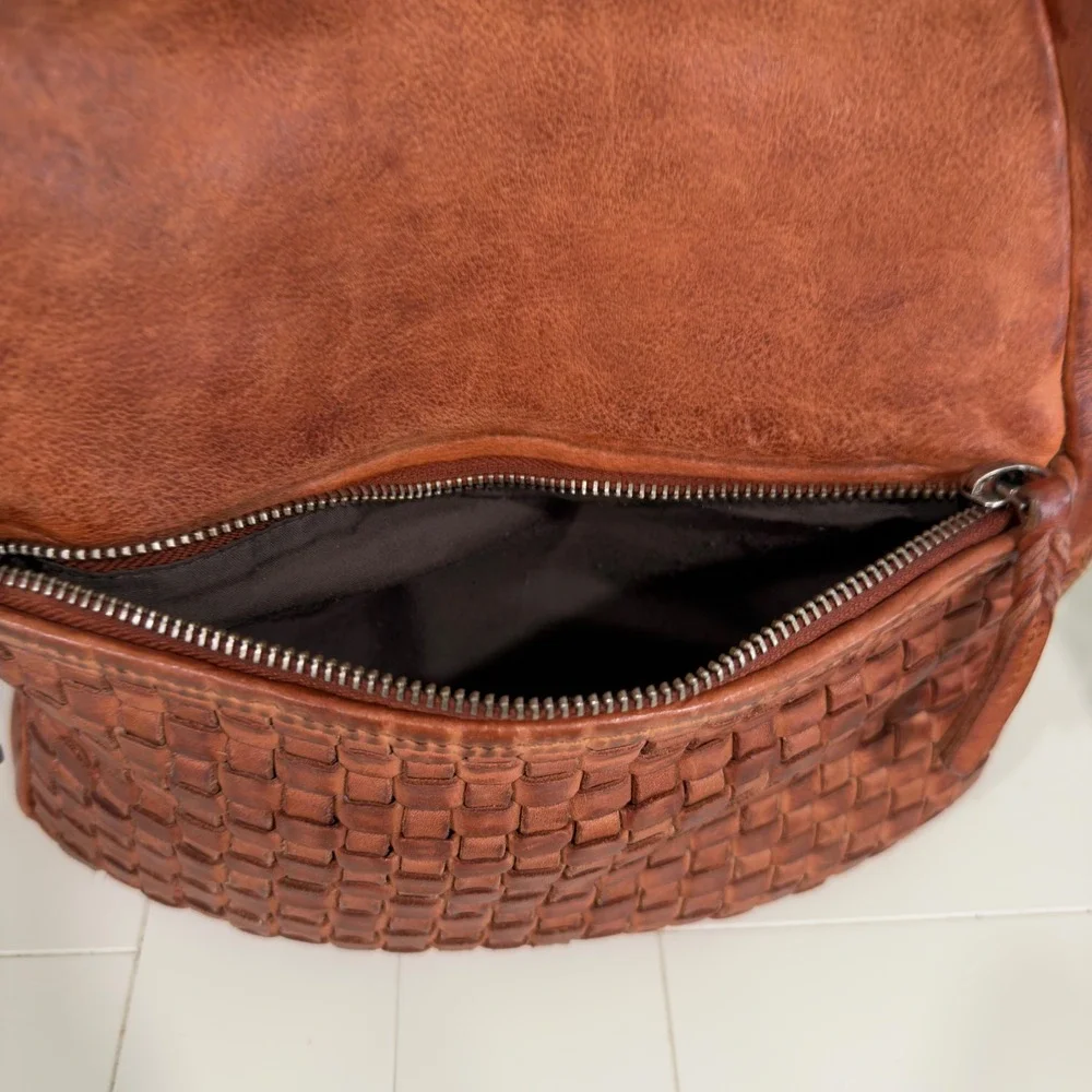 Vilenca Holland Tan Leather Woven Backpack Handbag Vintage Style Boho‎ Womens